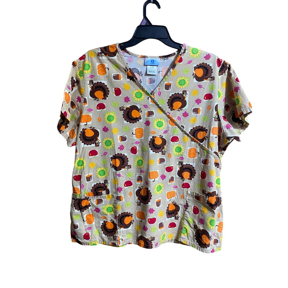Scrubs Thanksgiving Themed XL Cotton Tan Orange Holiday